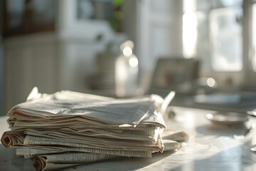 newspaper stacks lying on a table 