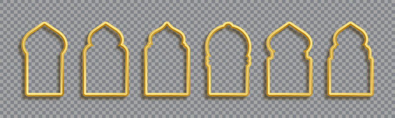 Wall Mural - Collection of 3D gold silhouettes of Arabic window frames. Vector illustration. For an invitation or card template, featuring a luxurious realistic border.