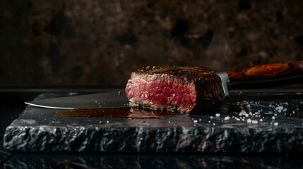 Succulent medium rare steak sliced on dark stone board. gourmet cuisine and fine dining. steakhouse dish representation. dark, moody food photography style. AI