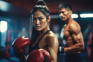 Close-up of Asian sport woman training in kickboxing with a coach