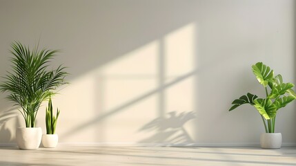 Poster - Sunny room interior with fresh potted plants casting soft shadows on a white wall. minimalistic and modern design. ideal for peaceful home decor. AI