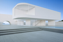 House With Concrete Floor Terrace Near Swimming Pool. 3d Rendering Of Modern Building And Blue Sky Background.