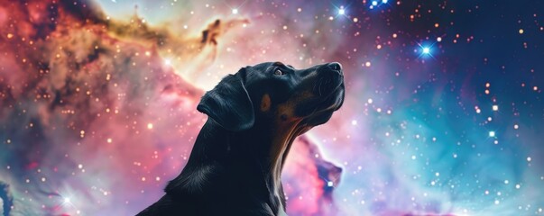 puppy gazing at a colorful sparkling galaxy above dreaming big in a vast open universe