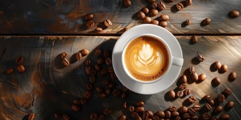 Wall Mural - A freshly brewed espresso in a white cup surrounded by roasted coffee beans on a rustic wooden table.