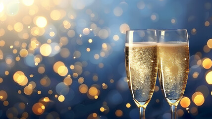 Two glasses of sparkling champagne against a bokeh light background, symbolize celebration and luxury.
