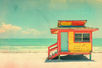 Poster - Retro tropical beach with pop art abstract background. Generative ai.