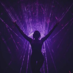 A silhouette of a person stands with arms raised against a background of vibrant purple lights. The lights create a display that looks like a tunnel of radiating beams surrounding the figure, giving t