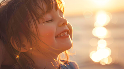 Joyful child basking in the sunset by the water, a serene moment capturing the pure bliss of nature's beauty.