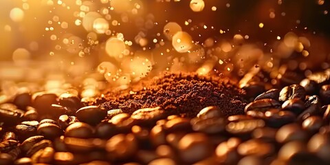 Poster - Close-up of dark roasted coffee beans with sparkling golden light, creating a warm, inviting atmosphere.