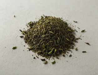 powder green tea and green tea leaf on a white background