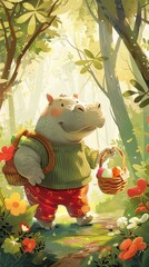 Wall Mural - A hippo is holding a basket in the woods