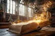 Enigmatic old book illuminated by magical lights brings vintage charm to defocused library setting