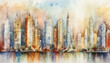 Reflective Watercolor City Skyline