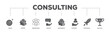 Consulting icons process flow web banner illustration of goals, expert, knowledge, advice, experience, support, potential, and success icon live stroke and easy to edit 
