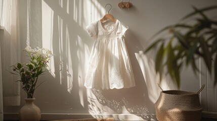 Wall Mural - a baby's baptism, hung on a wooden hanger against a soft background, capturing a sense of purity and tradition