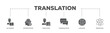 Translation icons process flow web banner illustration of dictionary, interpretation, translator, communication, language, and knowledge icon live stroke and easy to edit 