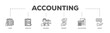 Accounting icons process flow web banner illustration of audit, analysis, balance, budget, calculation, and advice icon live stroke and easy to edit 