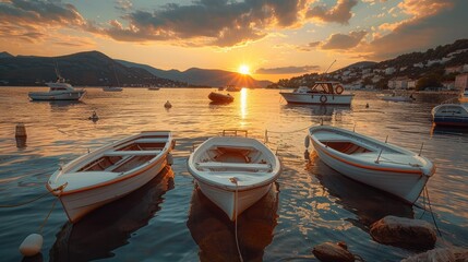 Small boats on calm water, moored in the harbor during sunset.