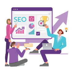 Wall Mural - web seo illustration concept. office man and woman working on laptop to create website. business peo