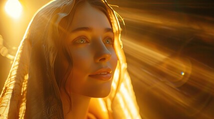 Woman in image Virgin Mary Mother of Jesus Christ in holy light. Portrait of young woman in veil in rays of the sun.