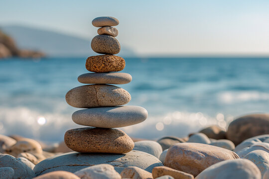 Rocks stacked one on top of another on the background of the sea.