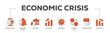 Economic crisis icons process flow web banner illustration of recession, unemployment, inflation, currency fall, pandemic, bank run icon live stroke and easy to edit 