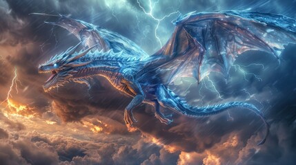 Poster - Blue winged western style dragon in flight, surrounded by a clouds in a lightning storm.