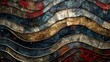 Abstract Colorful Wavy Lines Wallpaper Mixed Media Marvel - Mosaic Inspired Metallic Realism Sculpture Style - Dark Blue, Red and Light Gray Background created with Generative AI Technology