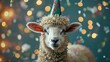 sheep Happy cute animal friendly lamb wearing a party hat celebrating at a fancy newyear or birthday party festive celebration greeting with bokeh light and paper shoot confetti surround party
