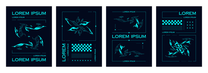 neon blue abstract neo tribal shapes on black background on poster design template in y2k trendy sty
