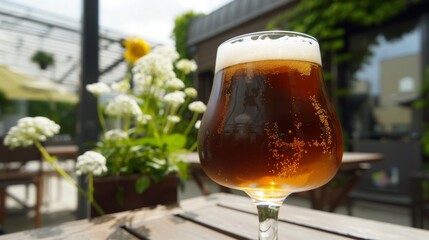 Poster - Beer glass with foam on outdoor wooden table in garden setting