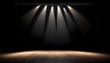 © Lied - Empty dark photo studio set with wooden parquet floor and spotlights on the ceiling