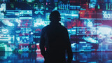 Fototapeta  - Cyber Crime scene in neon lit future city hacker silhouette against giant screens digital chaos unfolding