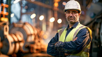 Poster - Confident industrial worker in safety gear stands in a factory setting, symbolizing skilled labor and manufacturing.