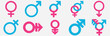 © Quirk Craft Studio - Gender icon set pink and blue color. The sign of a woman, a man, a non-binary gender identity, androgynous and intersex, transgender. Logo of partners, love and family