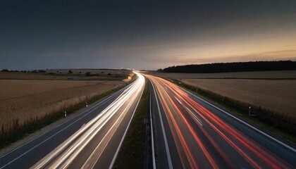 Long and intensive car flow on highway roads during night