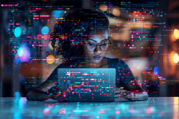 Wall Mural - smart woman programmer working on desktop computer in data center system.ai generative