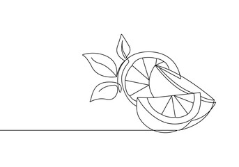 Wall Mural - Continuous Line Drawing Of Lemon Fruit Branch with Leaves Black Sketch Isolated on White Background. Lemon Branches One Line Minimalist Drawing. Vector EPS 10.