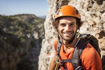 Poster - Portrait of happy young male climber in orange helmet smiling at camera outdoors