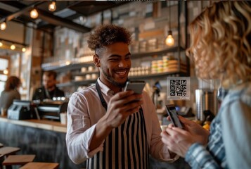 Wall Mural - Happy beautiful waiter having fun while talking to his guests scan QR code with smartphone in a coffee shop