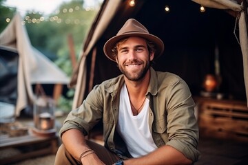 Wall Mural - Portrait of a smiling young man sitting in front of his tent