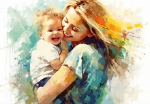 A Loving Mother Holds A Small Child In Her Arms And Enjoys A Tender Moment. Mom Hugs The Baby. Mother's Day Holiday Card In Watercolor Style. Motherhood. Illustration For Cover, Interior Design, Print