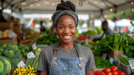 Beautiful Female Customer Buying Sustainable Organic Vegetables From a Black Female Farmer on a Sunny Summer Day. Successful Street Vendor Managing a Farm Stall at an Outdoors Eco Market