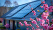 Close up of new house with black solar panels during spring with flowers and blooming trees, luxury villa