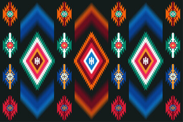 Wall Mural - Ethnic fabric pattern, black, blue, green, orange, red, geometric shapes for textiles and clothing, blankets, rugs, blankets, vector illustration.