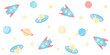 Bright colorful rockets and alien spaceships among planets and stars on a white background. Kids endless texture with far space. Vector seamless pattern for wrapping paper, giftwrap or surface texture