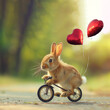 funny easter bunny is riding a bicycle with red heart balloons