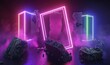 3d render, abstract geometric neon background. Glowing linear frames and rock cobble stone ruins levitating. Fantastic wallpaper, Generative AI