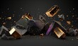 3d render, abstract black background. Modern unusual wallpaper with levitating rocks, ruins, golden nuggets and iridescent metallic geometric shapes, Generative AI