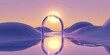 3d render, abstract futuristic background. Sunshine in violet yellow gradient sky. Surreal spiritual landscape: hills, glass arches and flat calm water surface. Minimalist aesthetic, Generative AI
